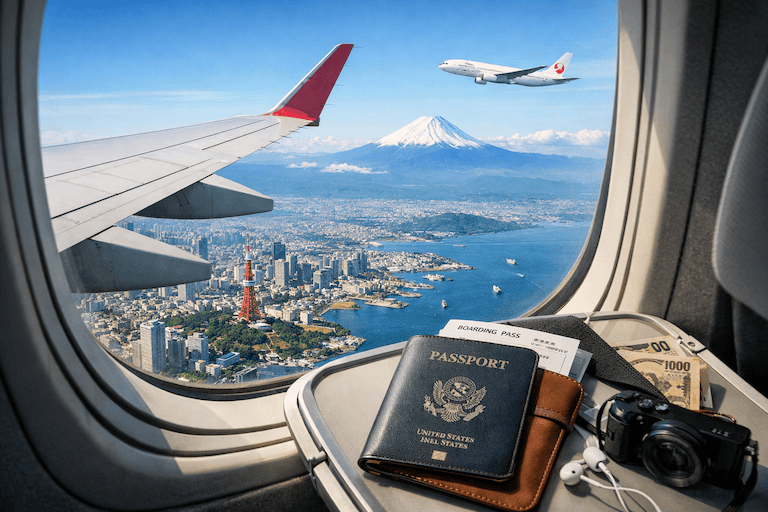 Airplane flying over Japan with Mount Fuji in the background
