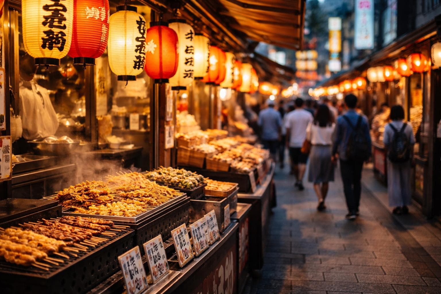 Colorful array of Japanese street foods in Tokyo market