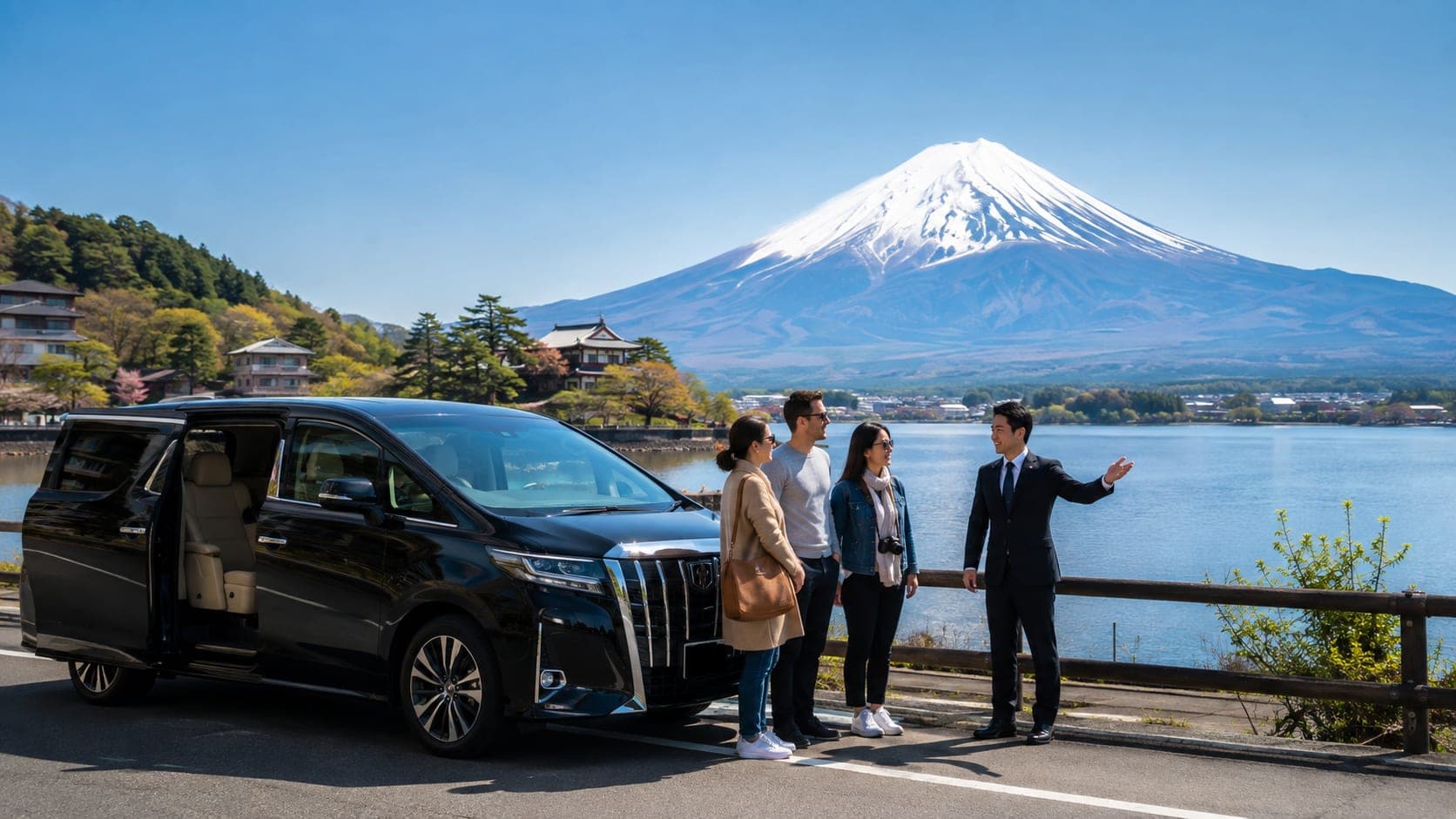 Private car parked in front of Mount Fuji, highlighting luxury travel.