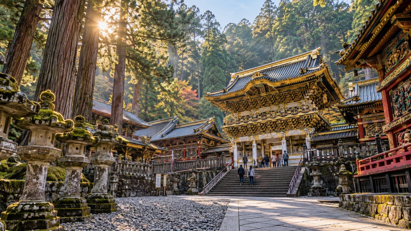 Toshogu Shrine surrounded by vibrant autumn leaves in Nikko, Japan