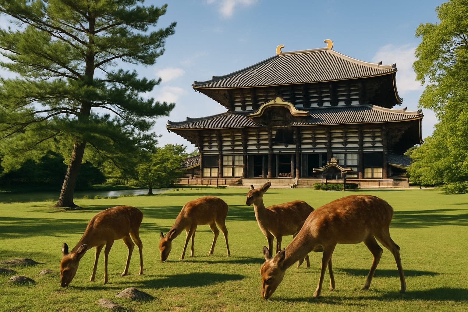 Nara Park with deer and Todai-ji Temple, showcasing Nara's historic charm.