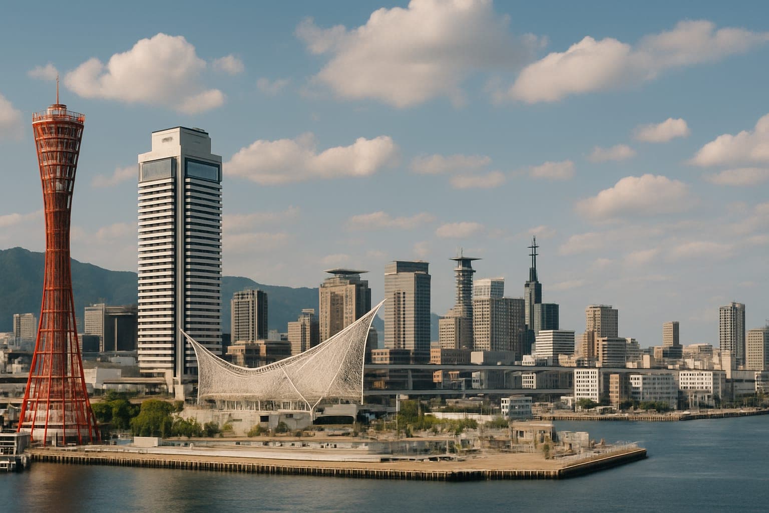 Panoramic view of Kobe city with Mount Rokko in the background, showcasing urban and natural beauty.