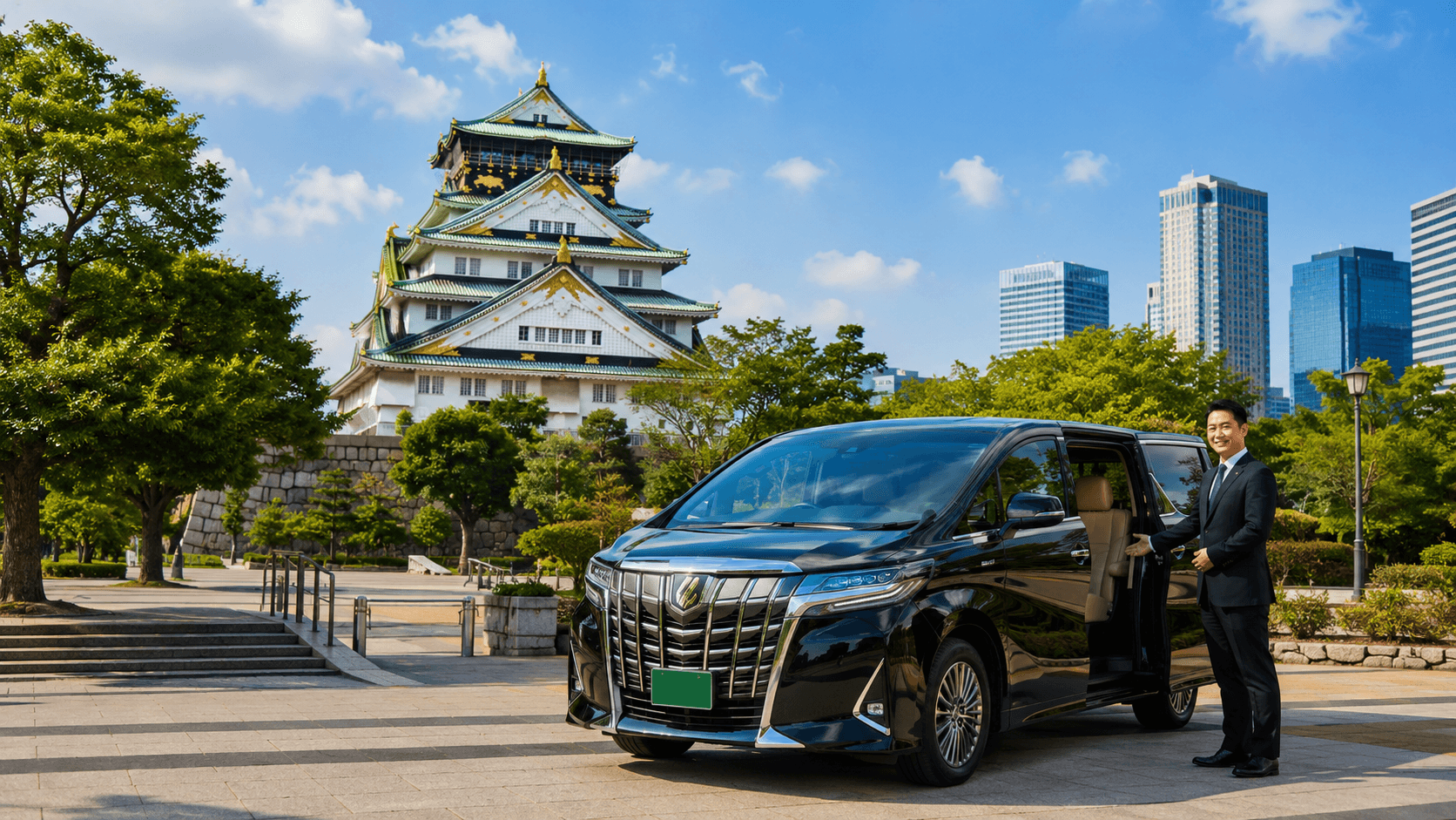 Chauffeur holding car door open near Osaka Castle on private tour Japan